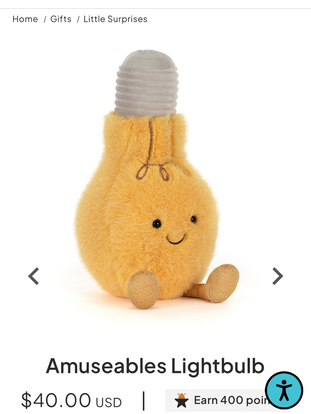 Jellycat Amuseables Lightbulb Plush NWT in Yellow and Gray